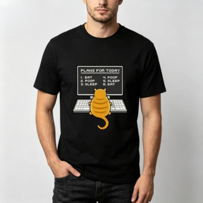 Soft Cotton Unisex Tshirt Funny Cat Computer Daily Schedule Art Print Oneck Trendy Pet Owner Casual Daily Outfit Tops