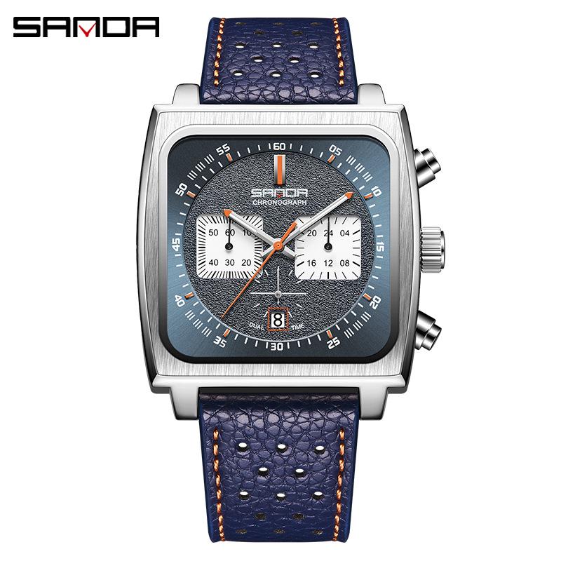 Sanda Men's Chronograph Quartz Watch: Square Dial, Three Eyes, Six Hands, Luminous, Calendar, Waterproof.