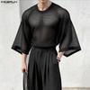 Men Round Neck Long Sleeve Hollow Out Tops Mesh Sheer Shirts