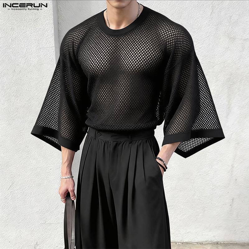 INCERUN Men Round Neck Long Sleeve Hollow Out Tops Mesh Sheer Shirts