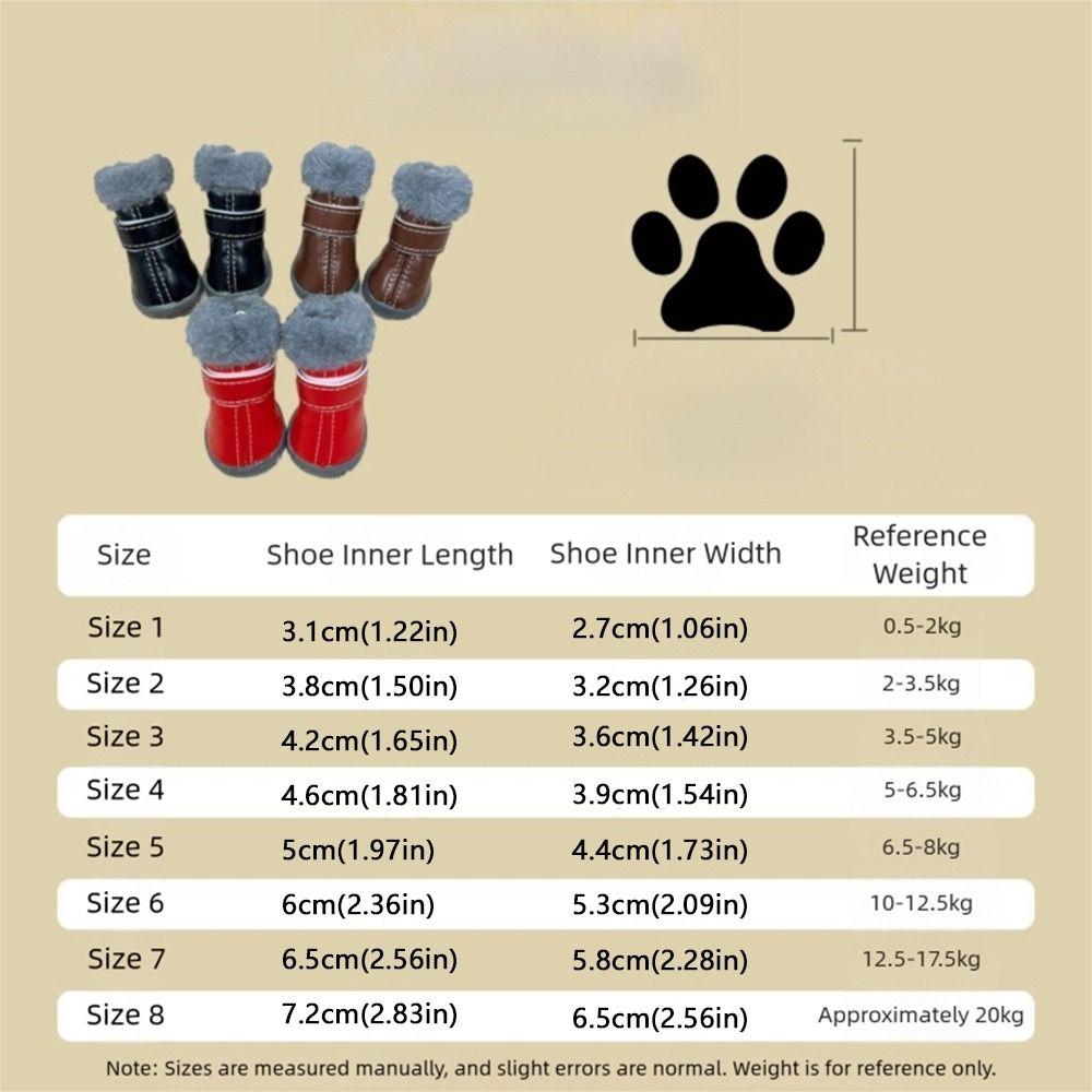 4PCS Plush Winter Pet Dog Shoes Non Slip Anti-Freezing Waterproof Dog Boots PU Leather Warm Dog Fleece Shoes Outdoor Use