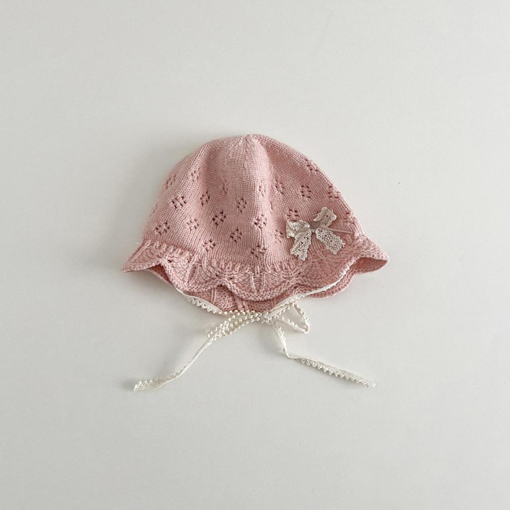Knitted Woolen Warm Basin Cap for Baby Girls Solid Color Ruffle Brim Fisherman Hats Crochet Lace Princess Bow Crochet Basin Hat
