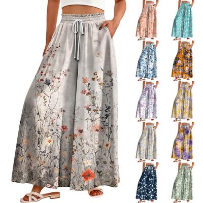 Palazzo-Hose für Damen, Boho-Stil, Blumenmuster, weites Bein, Sommer-/Strandhose, hohe Taille, fließende Hose mit Taschen