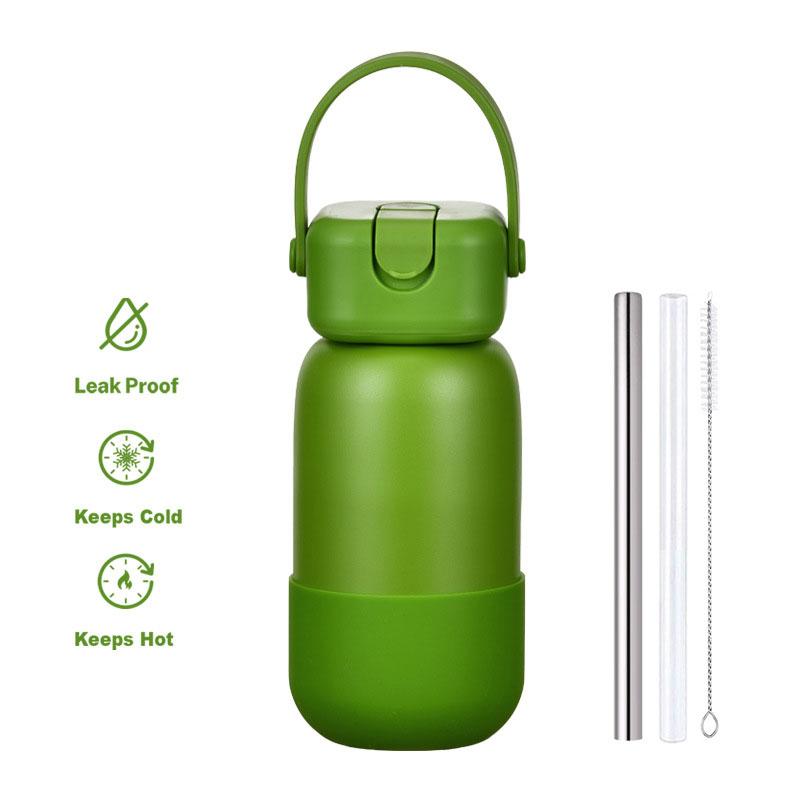 Borraccia Termica in Acciaio Inossidabile da 450/740ml con Manico, Cannuccia, Base in Silicone, Bicchieri da Bevuta Sottovuoto a Doppia Parete, Tazza Termica Sportiva