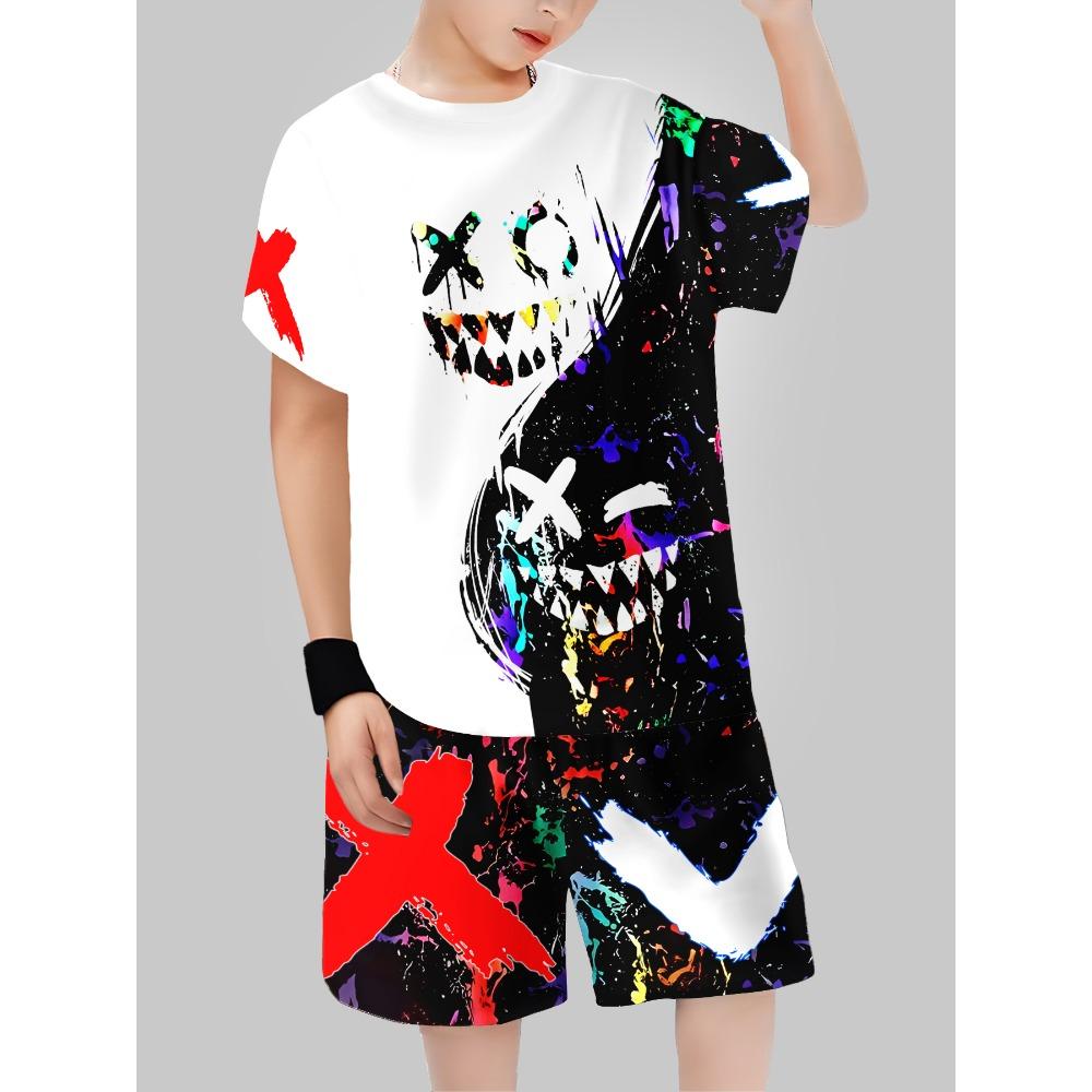 Fashion Cartoon Letter Graffiti Dinosaur Printed Kids T-shirt and Shorts 2 Piece Set Summer Casual Outfit for Boys and Girls Kids Clothing