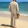 Men's Linen Long-Sleeve Lapel Shirt & Straight-Leg Pants Set for Casual Spring/Autumn Beachwear