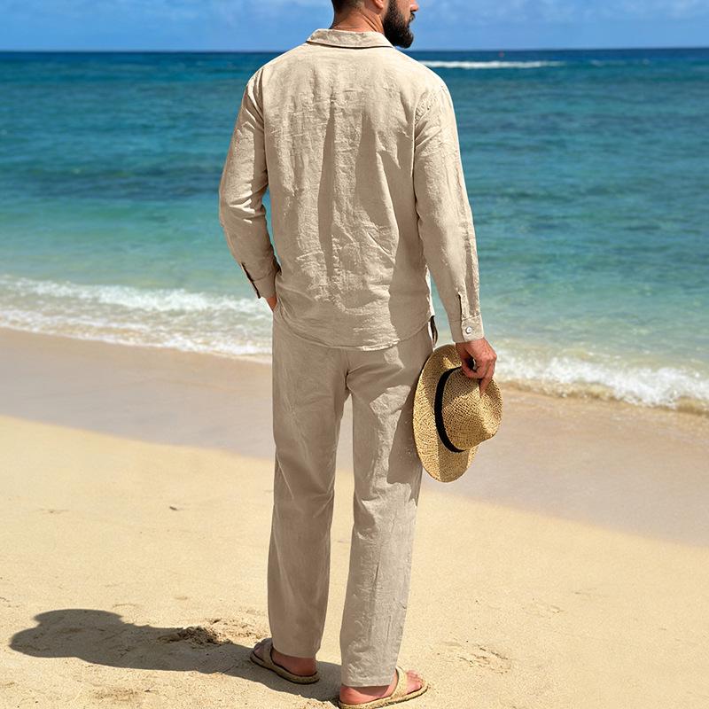Men's Linen Long-Sleeve Lapel Shirt & Straight-Leg Pants Set for Casual Spring/Autumn Beachwear