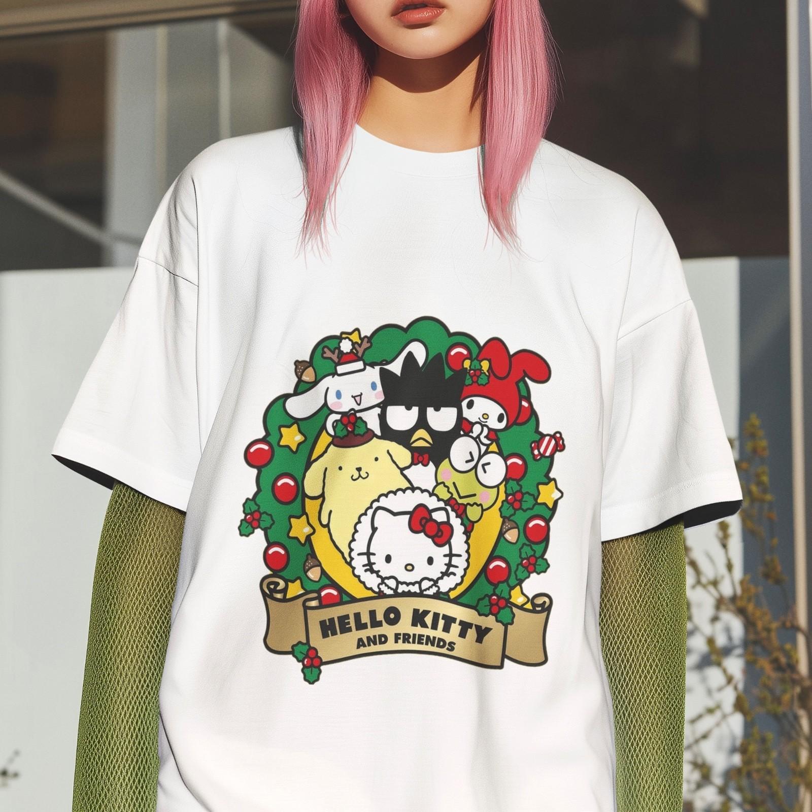 Cute Cartoon Cat Hello Kitty and Friends Christmas T-Shirt Kawaii Holiday Unisex XXL