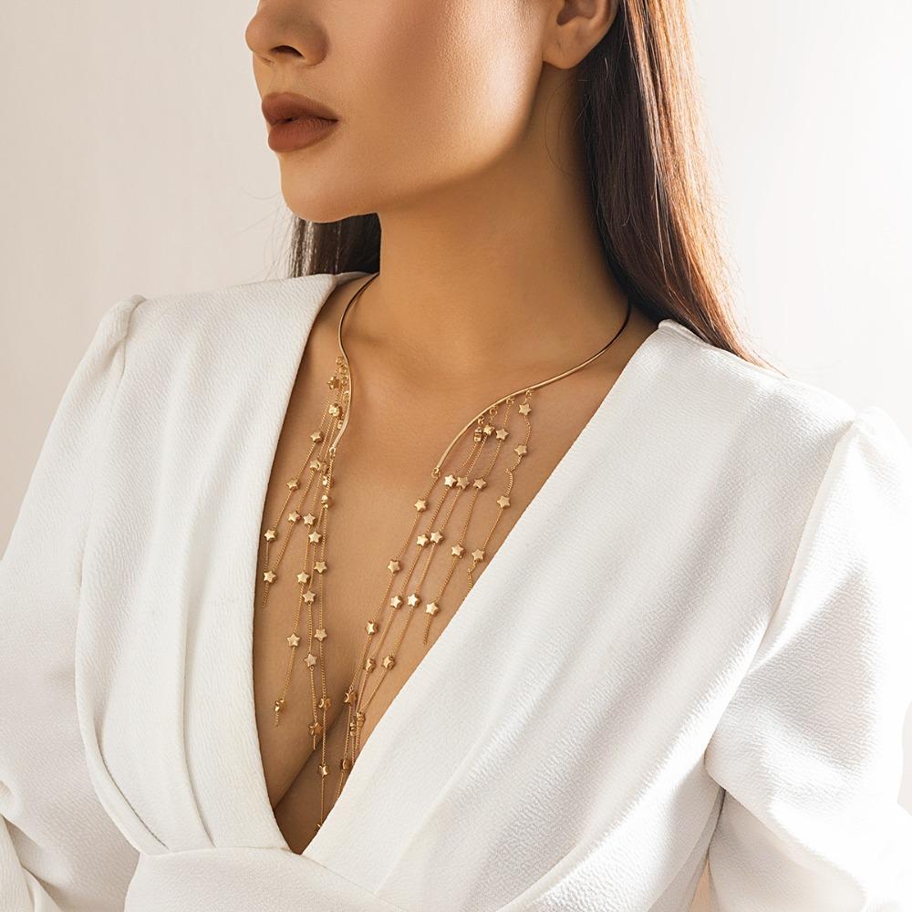 Chest Chain Crystal Sequin Pendant Goth Open Torques Choker Long Tassel Star Necklace  Party