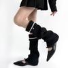 Women Korean Style Knitted Leg Warmers with Metal Button Elegant Turn Cuff Striped Boot Covers Flared Slouchy Calf Socks  Gray