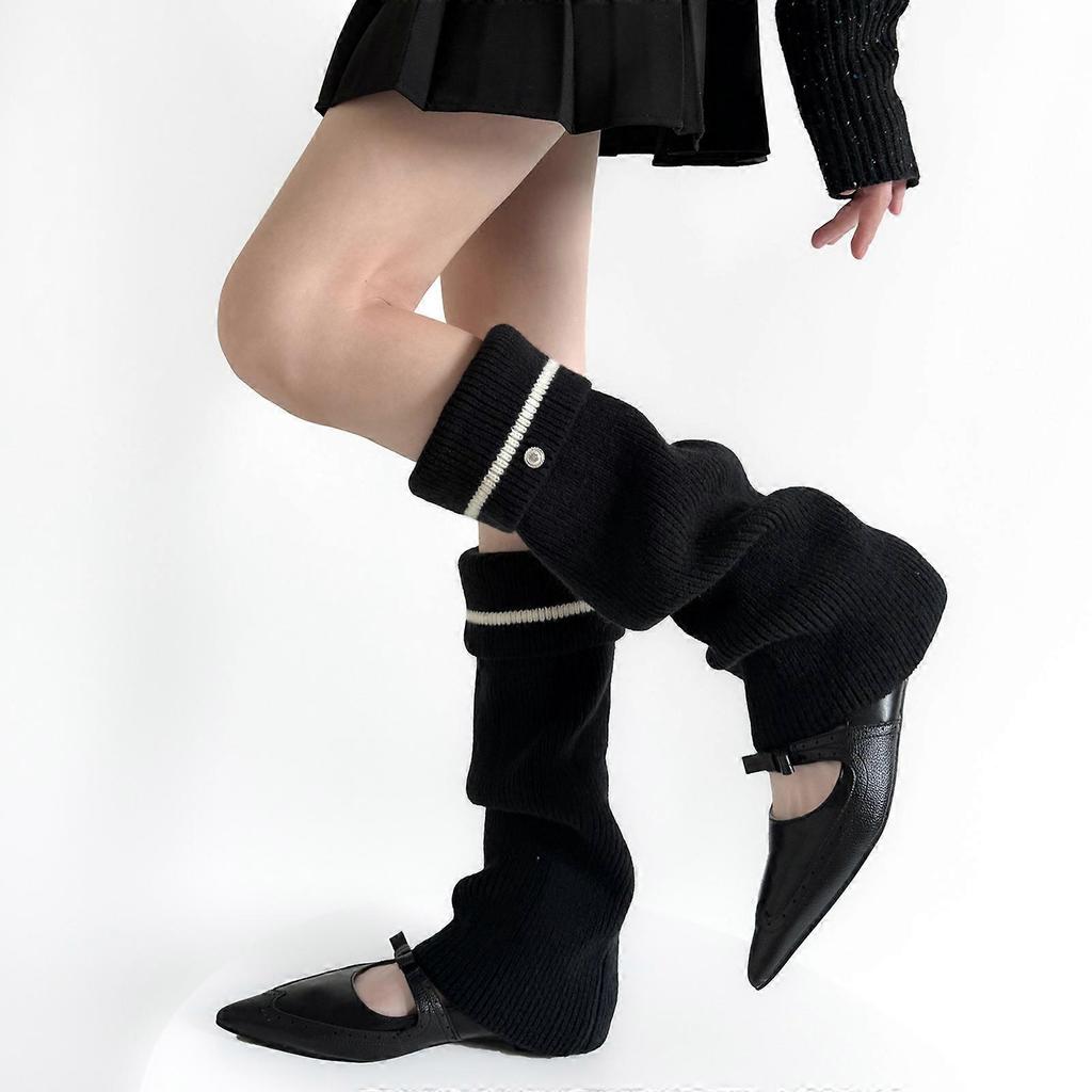 Women Korean Style Knitted Leg Warmers with Metal Button Elegant Turn Cuff Striped Boot Covers Flared Slouchy Calf Socks  Gray