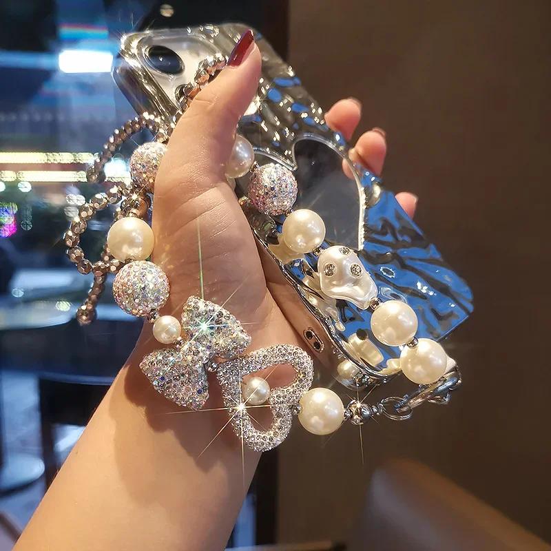 Full Diamond Love Butterfly Knot Bracelet Mobile Phone Lanyard Handmade Beaded Chain Sparkling Diamond Transparent Wrist Strap