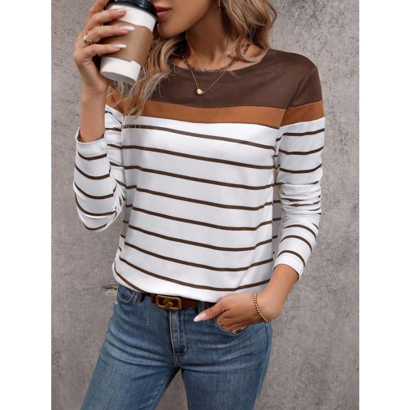 Women's T-shirt 3D Stripe Color Block Print Fashion Long Sleeve Round Neck Regular Top Holiday Weekend Spring and Autumn