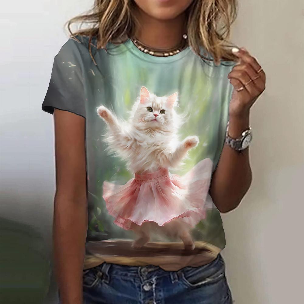Fashion Personification Cat Pattern Dancing Cat Print Women's Short Sleeves T-shirt Casual Loose Tees Female Clothing Tops