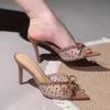 Fashion Luxury Rhinestone Mesh High Heel Slippers Women Fashion Bow Decoration Designer Shoes Comfortable Peep Toe Thin Heel Dress Shoes