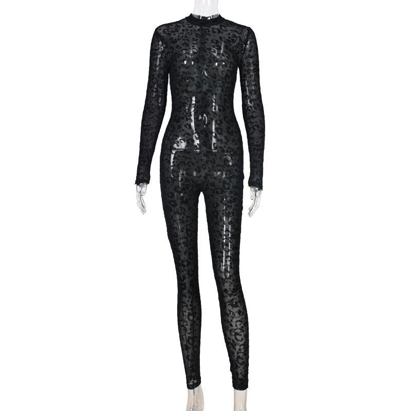 

Fashion Style Women s Clothing 2023 New Arrival Ins Sexy Sexy Stylish Leopard Zipper See-through Figure Flattering Inner Jumpsuit Black L