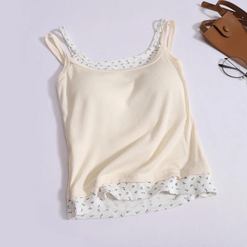 

Женские милые лоскутные майки с цветочным принтом и чашечками бюстгальтера, сексуальный топ с открытыми плечами на тонких бретельках, летняя майка-камисоль для ношения на улице One Size бежевый