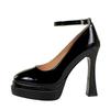 Fashion Round-Toe Single Shoes For Women With High Heels Double-Layer Waterproof Platform Patent Leather One-Length Strip Light Mouth