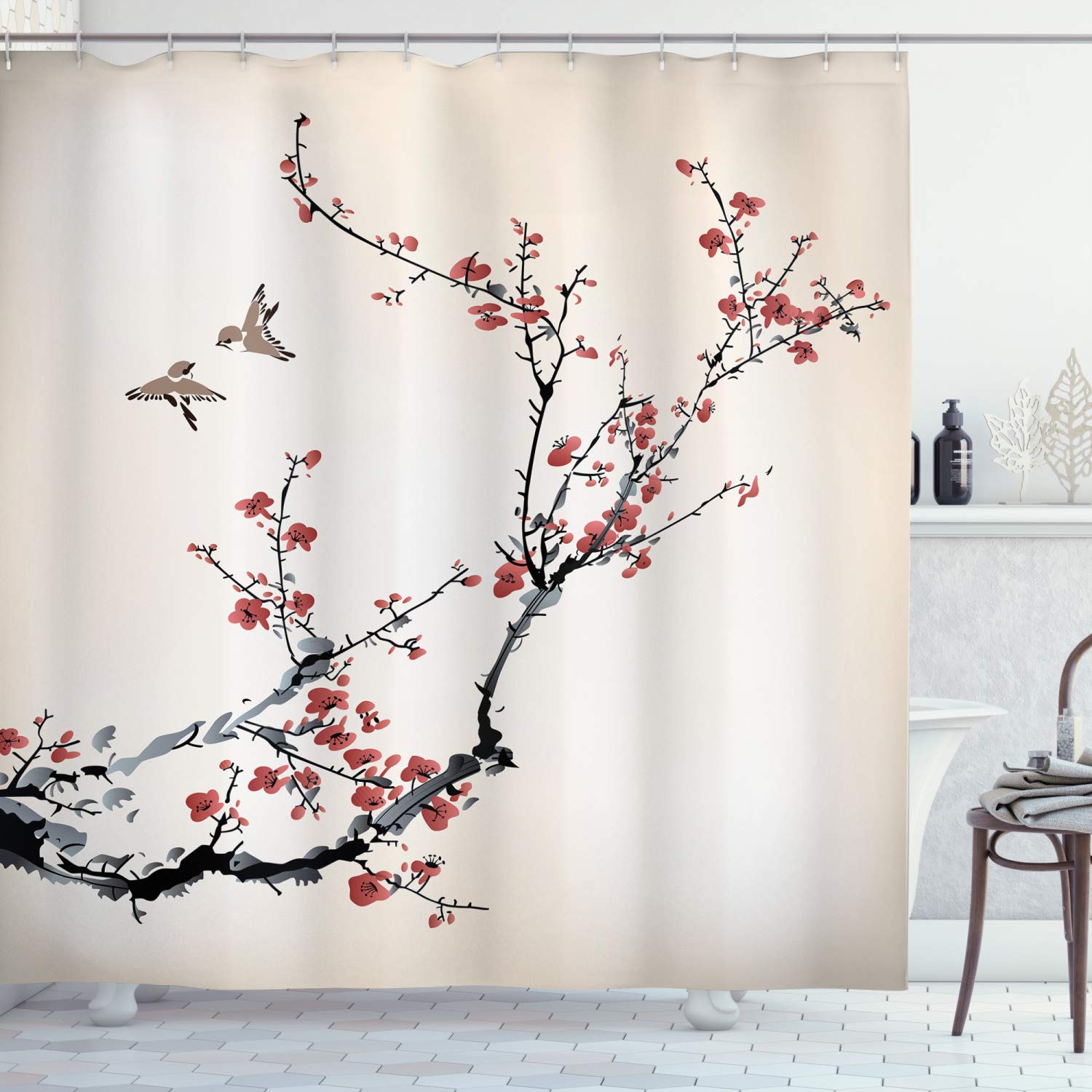 

Cherry Blossom Shower Curtain Japanese Shower Curtain Floral Sakura Plum Blossom Flower Shower Curtains Teal Blue And Pink Decor W60H190(CM)-1 Pcs