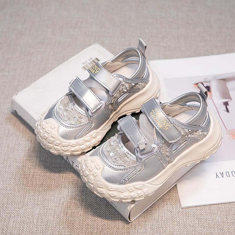 

Girls Princess Shoes Non-slip Soft Sole Kids Sneakers Hook&loop 2025 New Fashion Children Running Shoes Mesh Breathable Comfort 26 серебряный