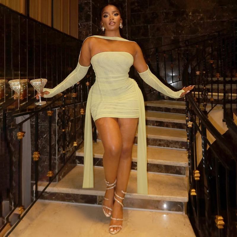 Summer Long Sleeve Bodycon Mini Short Dress Ribbon Pleated Tube Top Fashion New Sexy Party Dresses Hip Skirt Set Slim Fit Women's Clothing