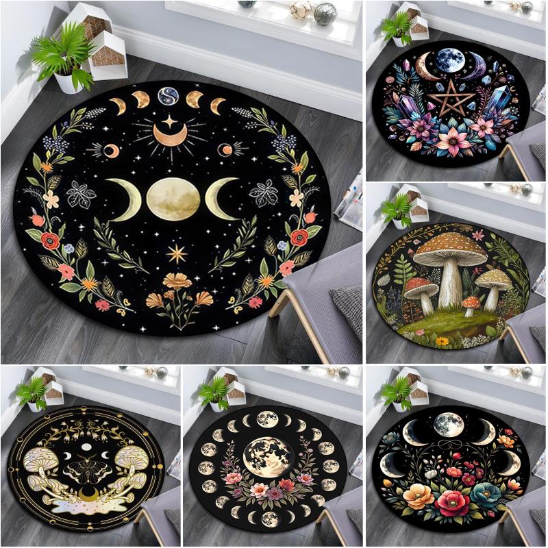 Floral Moon Phase Circular Rug - Office Decorative Carpet For Living Room Bedroom Door Mat Floor Rug Computer Chair Area Rug