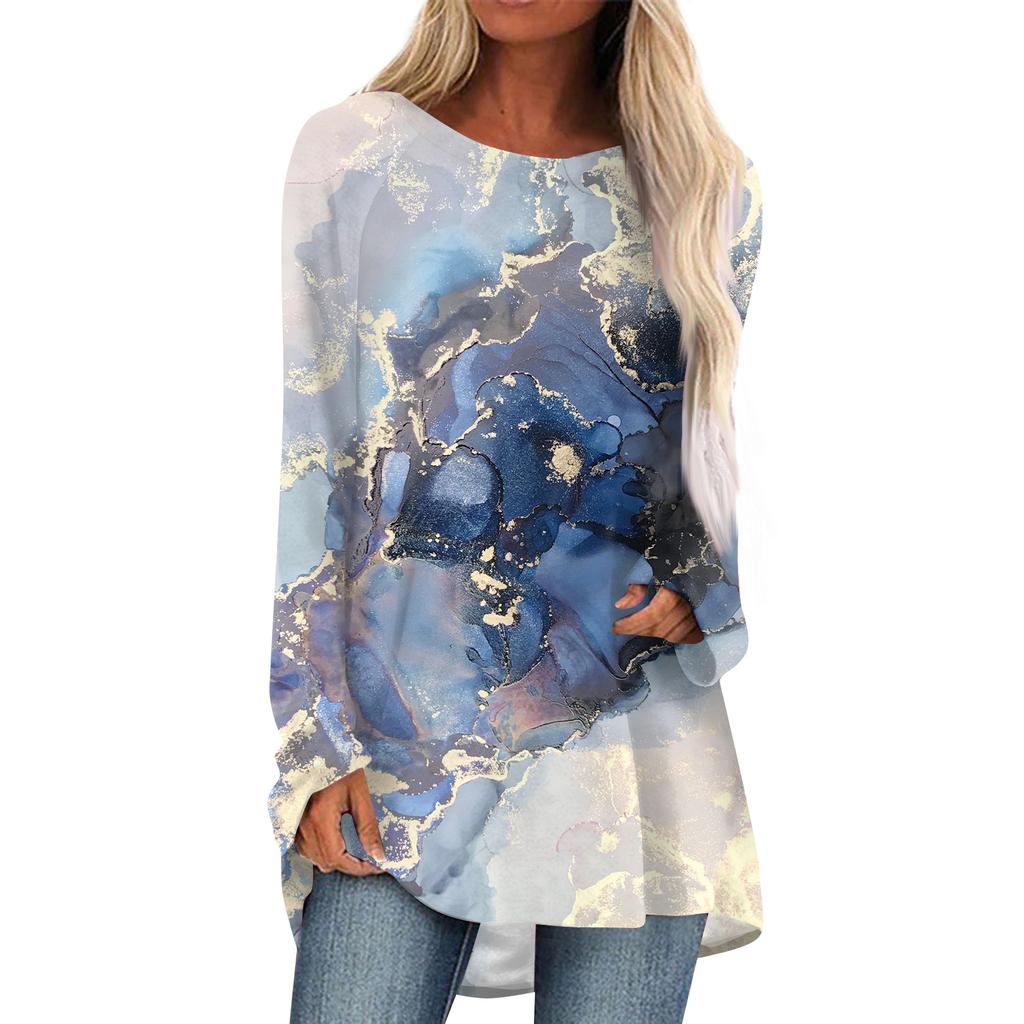 Women's Casual Round Neck Textured Print Long Sleeve T-Shirt Top