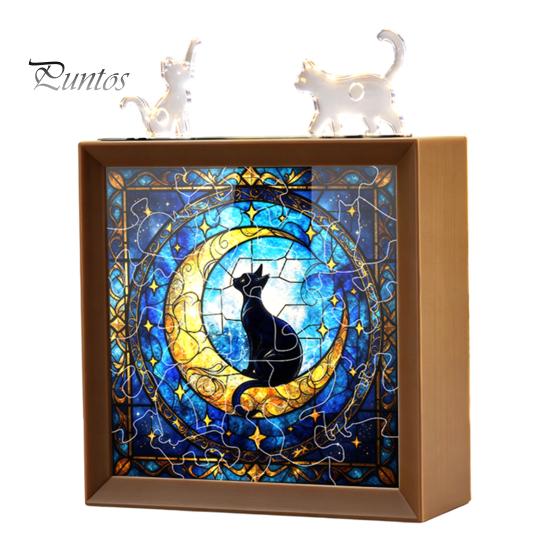 Wooden Photo Frame Base DIY Acrylic Cat Puzzles Night Light, Hand-Assembled Stained Glass Style Jigsaw Lamp with Personalized Handmade Presents Decor,
