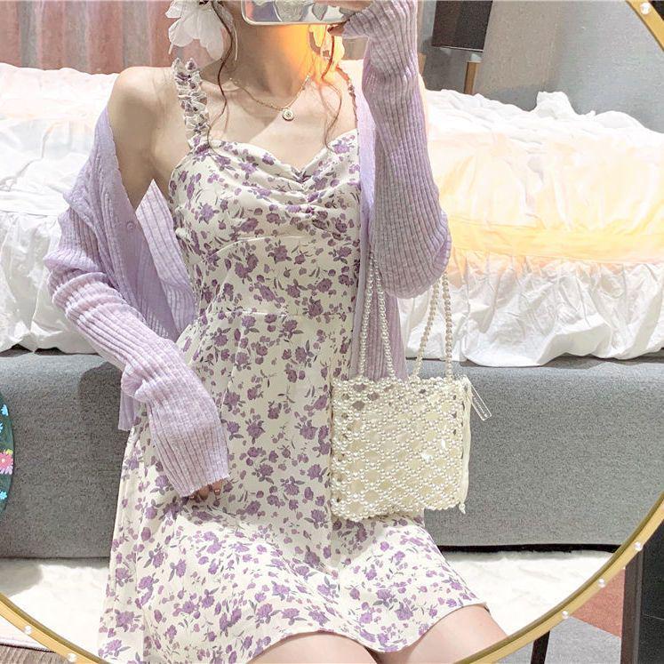 Women's Floral Suspender Dress Set: Sweet & Spicy Summer Style with Short Skirt and Sun Protection Cardigan.
