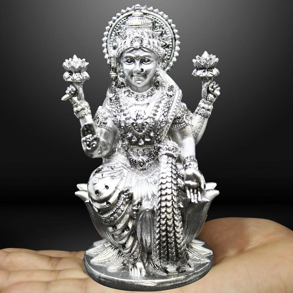 Goddess Lakshmi Laxmi Devi MATA Idol - 4.5 Inches Polystone Material Murti - Colour- Brass, Silver – Perfect Statue