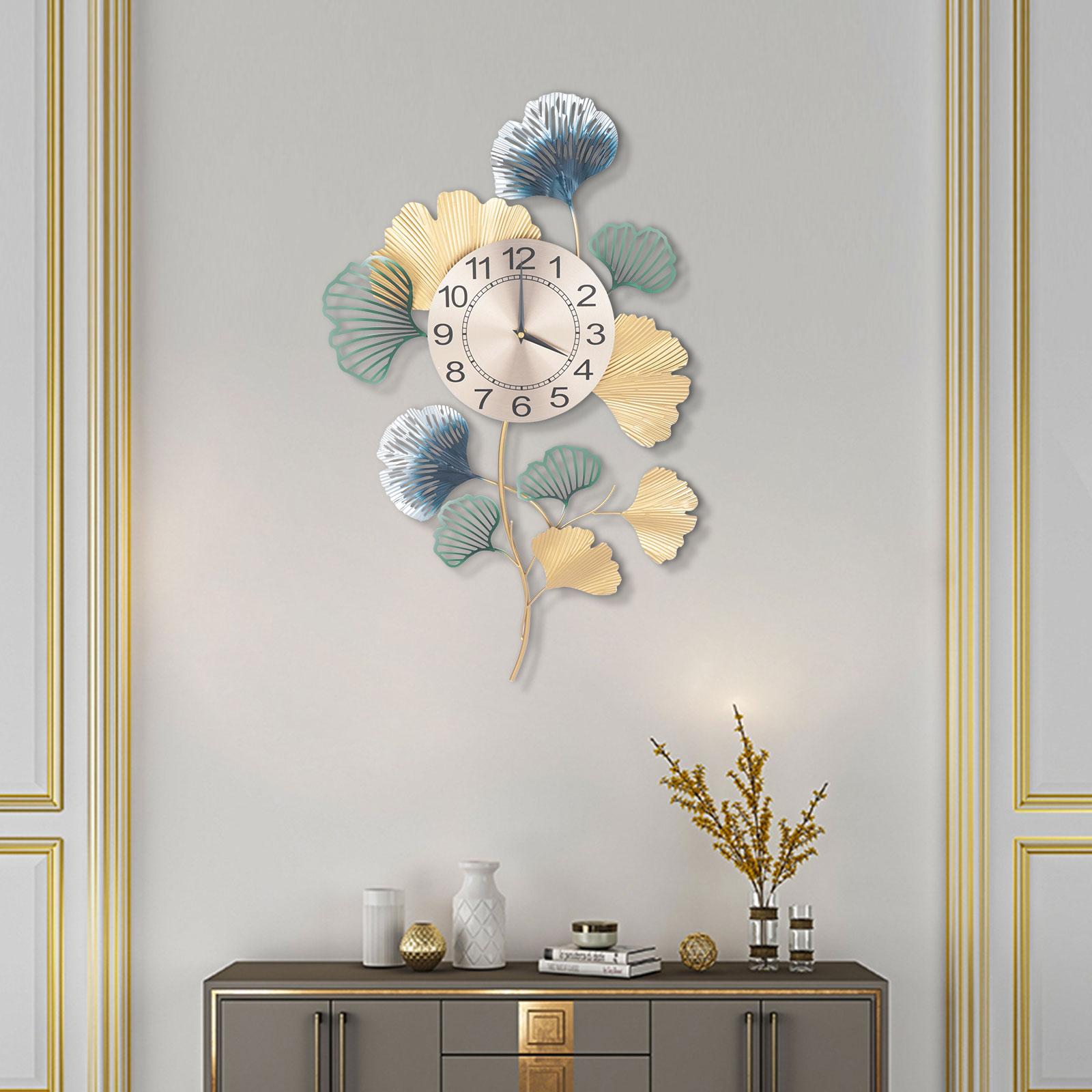 

Ginkgo Leaf Wall Clock, Modern Metallic Finish, Large Battery Operated Silent Non-Ticking, 16x30 Inches, Farmhouse Kitchen Decor золотой