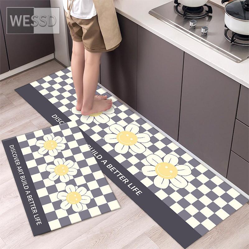 Tegneserie sjakkbrett Solblomst kjøkkenmattesett Søt løpeteppe til hjemmet Absorberende Anti-skli Vaskbare baderomsmatter 40x60cm 40x120cm 2 stk.