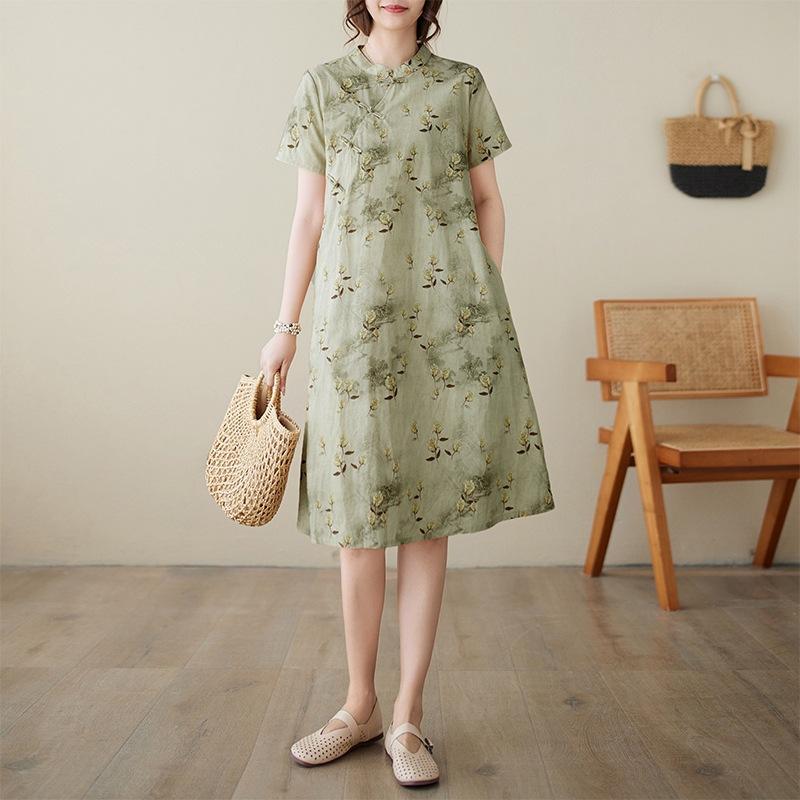 

Улучшенная юбка-ципао в стиле ретро для женщин, лето 2025 года, новое свободное платье из хлопка с воротником-стойкой и короткими рукавами с принтом 2XL