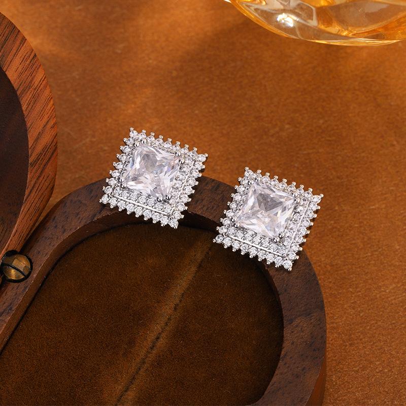 Women's 925 Silver-Plated Square Zircon Stud Earrings - Geometric Style Gift for Party & Birthday