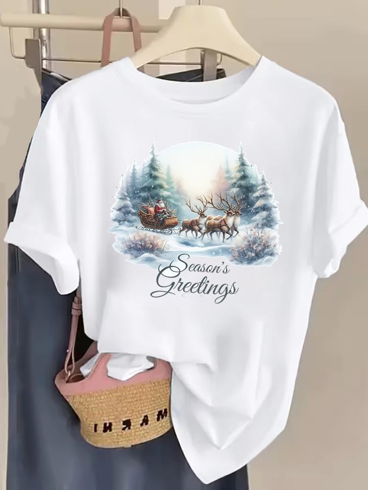 (Asian Size) lovely trend cute New Year T Shirt Christmas Clothing Women Fashion Festival Tee Top Print Woman Short Sleeve Graphic T-shirts