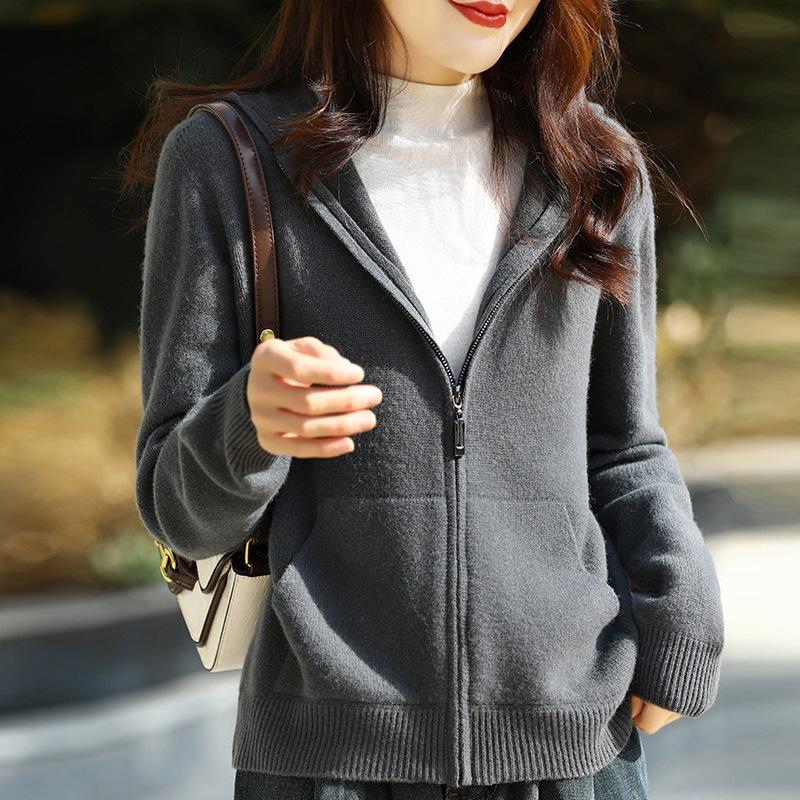 Korean Style 2026 Autumn/Winter Zipper Pocket Knit Hooded Jacket - Casual Loose Long Sleeve Outerwear