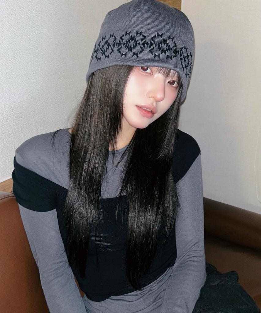 IDWS Ethnic Jacquard Maxi Beanie Gray