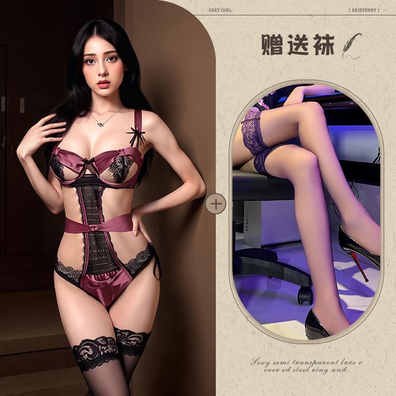 Sexy lingerie suspender onesie lace seduction uniform hollow sexy small chest women with steel ring