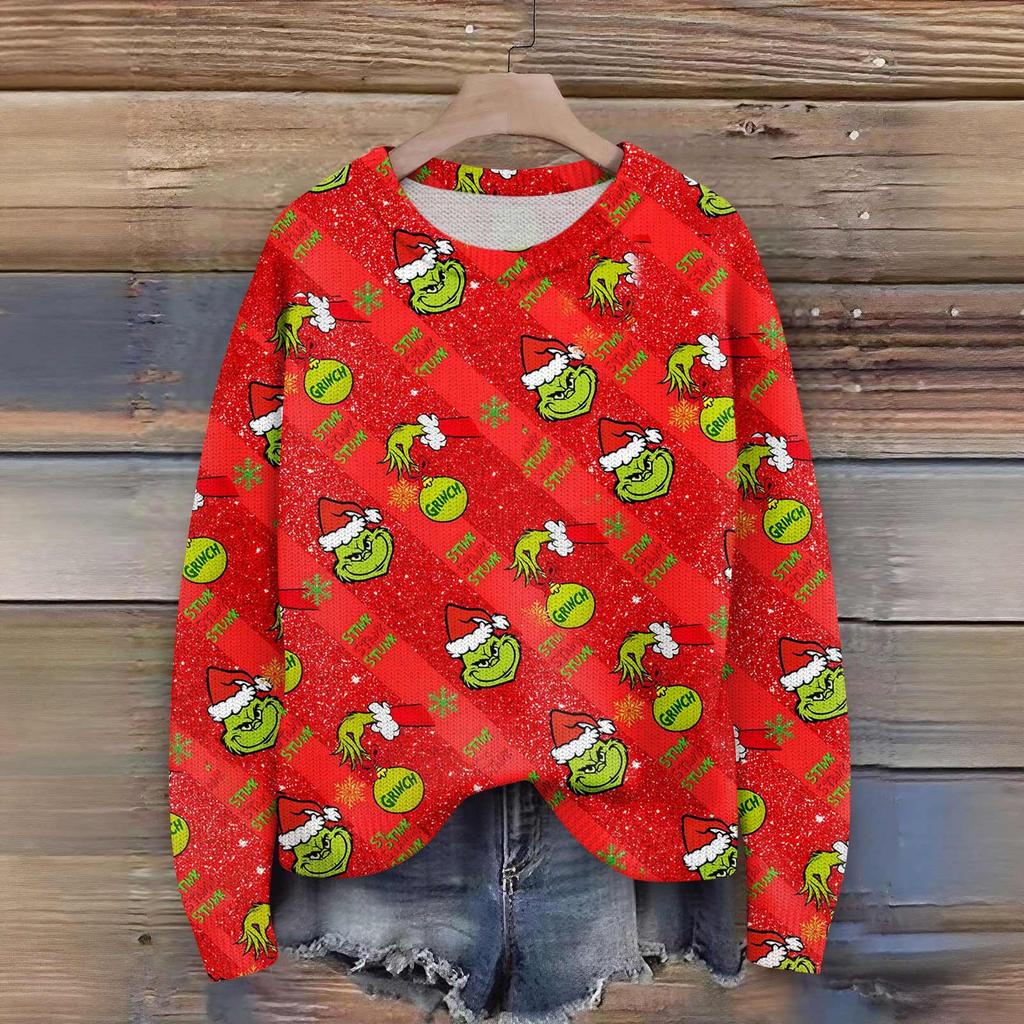 Long Sleeve Pullover Sweaters For Women O Neck Casual Cute Printing Knit Oversized Sweater
