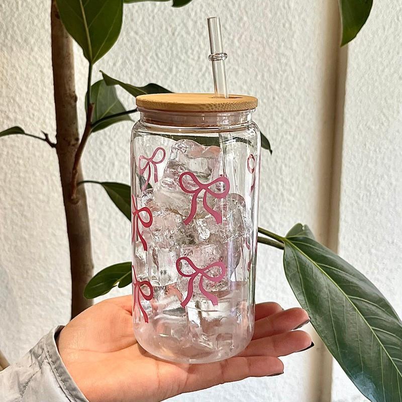 500ml/16.9oz Cute Bow Plastic Cup Tumbler Mason Jar Shaped Water Bottle With Lids Straw For Iced Coffee Juice Drinking Cup Gift