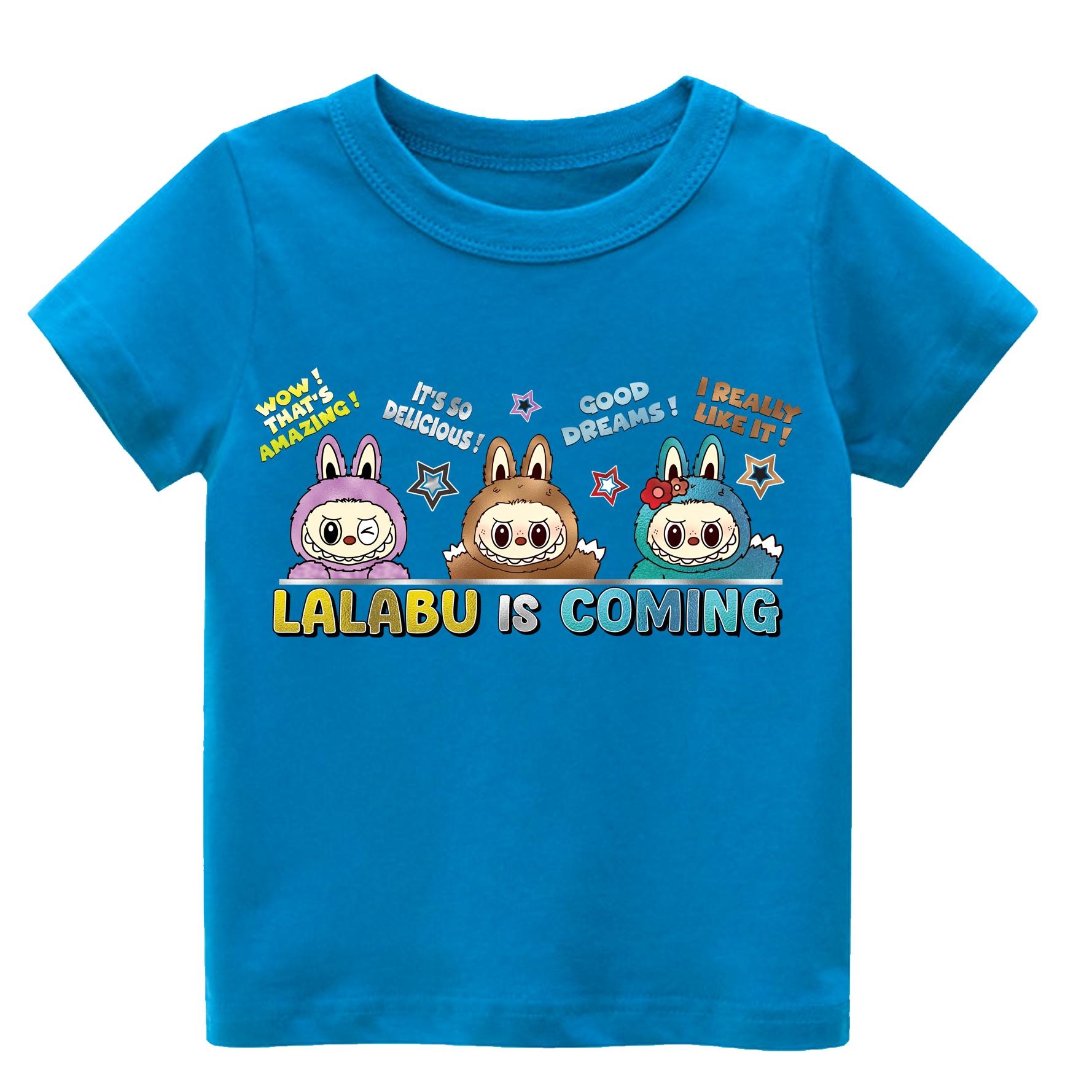 

2025 New LABUBUT Shirt LABUBU Is Coming Printed Round Neck Short Sleeved Casual Girls Clothing 100