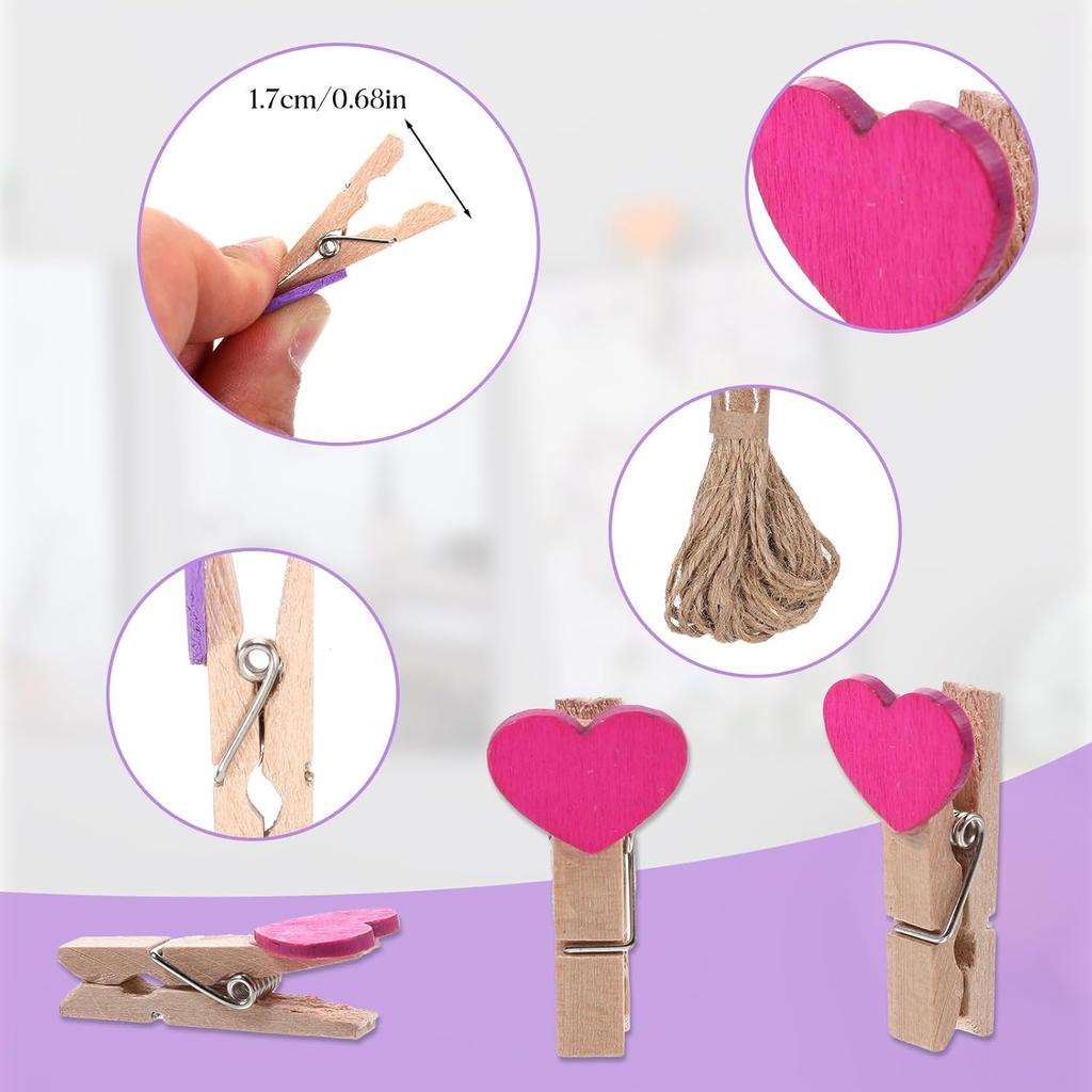 Heart Clothesp, 50 PCS Mini Colorful Clothesp Cute Wooden Clips Small Clothes Pin Photo String Hanging Photo Display with Clips for Home Party