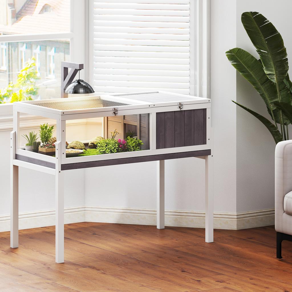 Wooden Tortoise Cage with Dual-Zone Habitat, Clear Panels, Openable Top, Metal Mesh, for Tortoises and Small Pets, Grey