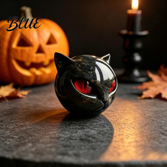 Small Statue for Bookshelf Spherical Black Cat Head Ornament Resin Gothic Style Sculpture with Colorful Whimsical Animal Figurine Eyes Halloween