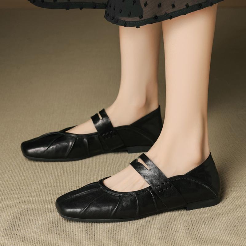 Fashion NEW Autumn/Spring Women Pumps Genuine Leather Shoes for Women Square Toe Low Heel Shoes Pleated Shallow Daily Shoes Mary Janes