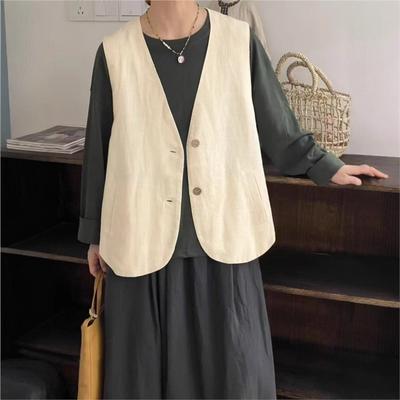 Vintage Vest Jacket for Women Autumn Style Loose Casual Versatile Layering V-neck Coats