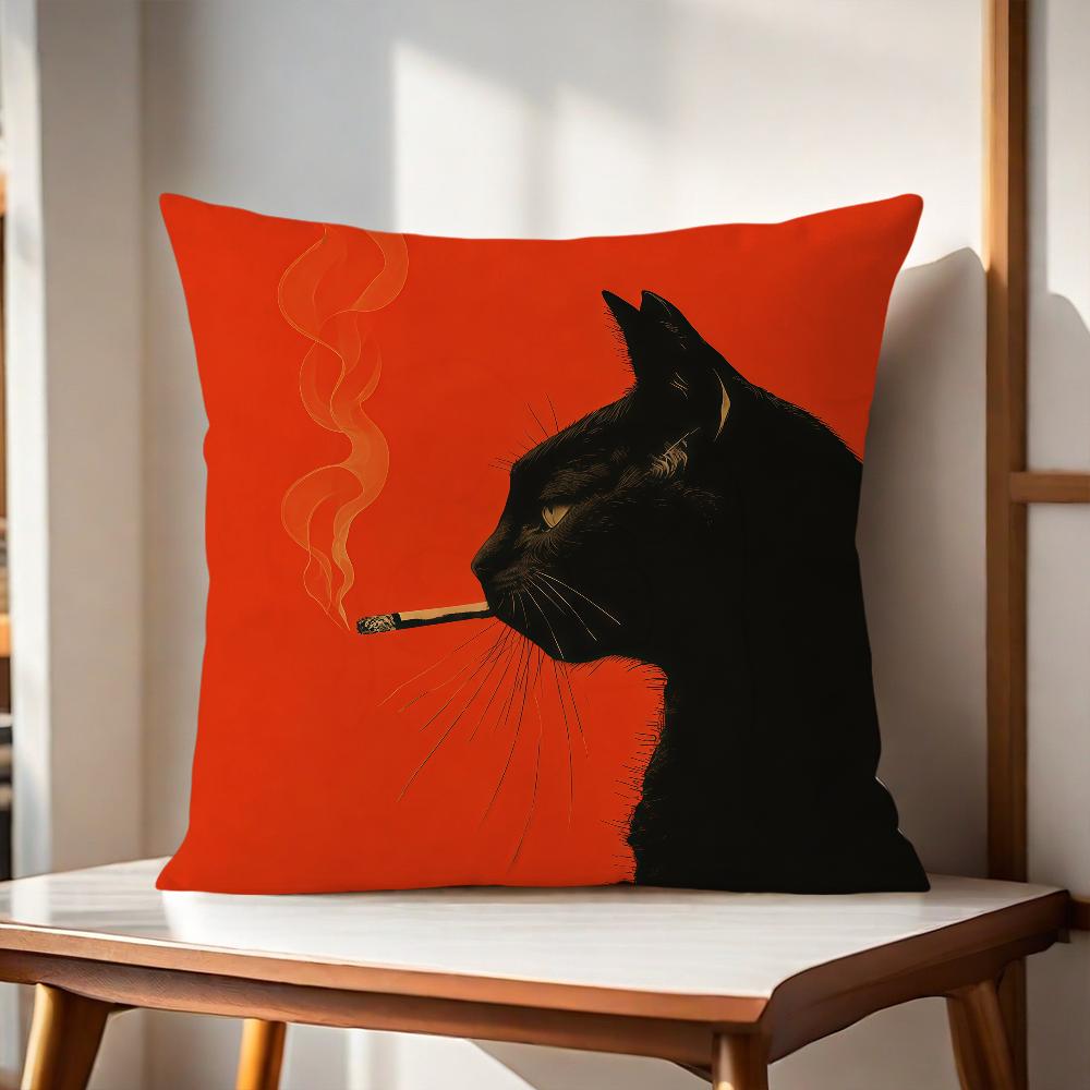 A Vintage Black Cat Smoking Cushion Cover For Pillow Printing Sofa Decoration Home Car Room Coffee Shop Office Nordic Simplicity