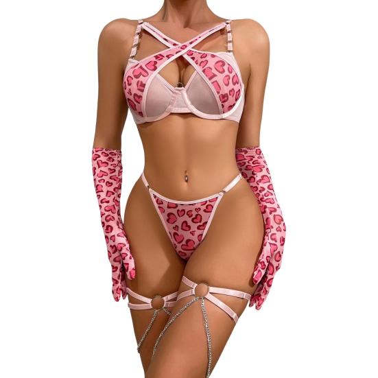 1 Set Damen Unterwäsche Set Inklusive Handschuhe und Oberschenkelringe Kettendekor Herzprint G-String Ausgeschnitten Verstellbares Kreuz