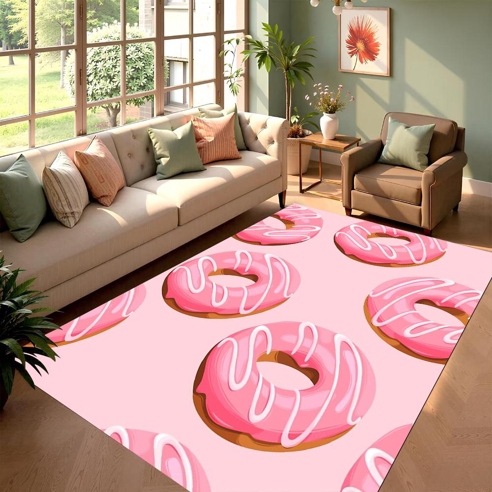 Cute Donut Pattern Area Rug Dessert Print Carpet Modern Pink Girly Home Decor Soft Non-Slip Floor Mat for Living Room Bedroom