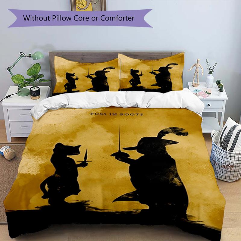 3pcs Puss In Boots Bedding Set Duvet Cover Closure Includes 1 Duvet Cover & 2 Pillowcases, Soft and Comfortable for All Seasons.